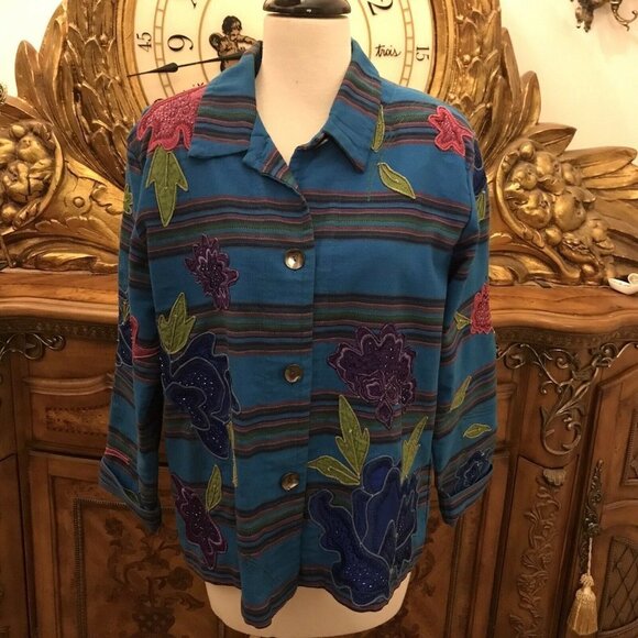CHICO'S Cotton Jacket Size 2 (M). Silk Appliques, Beading, Embroidery. B17 - Picture 1 of 6